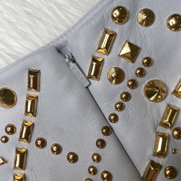 Versace Leather MIDI Skirt Runway Edition Oyster Color Gold Embellishment - Picture 7 of 13